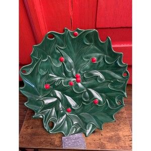 Atlantic Mold Vintage Christmas Holly Berries Serving Plate 11" EUC 70's Signed